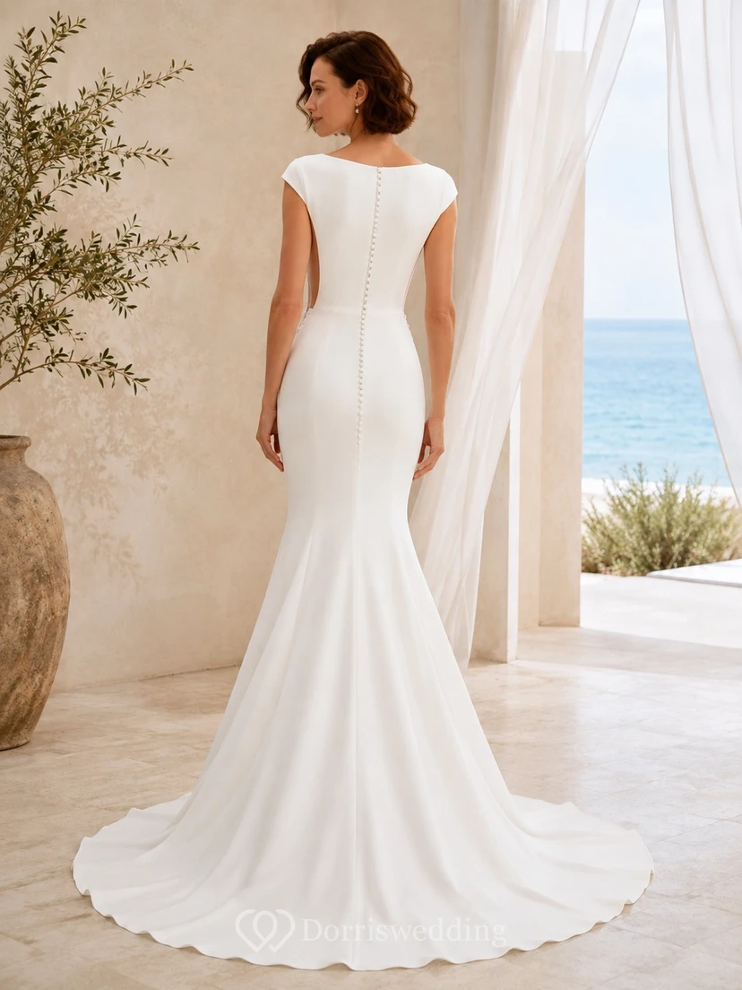 Dusk Toned Satin Bateau Neck Short Sleeve Mermaid Sweep Train Bridal Dress view 2