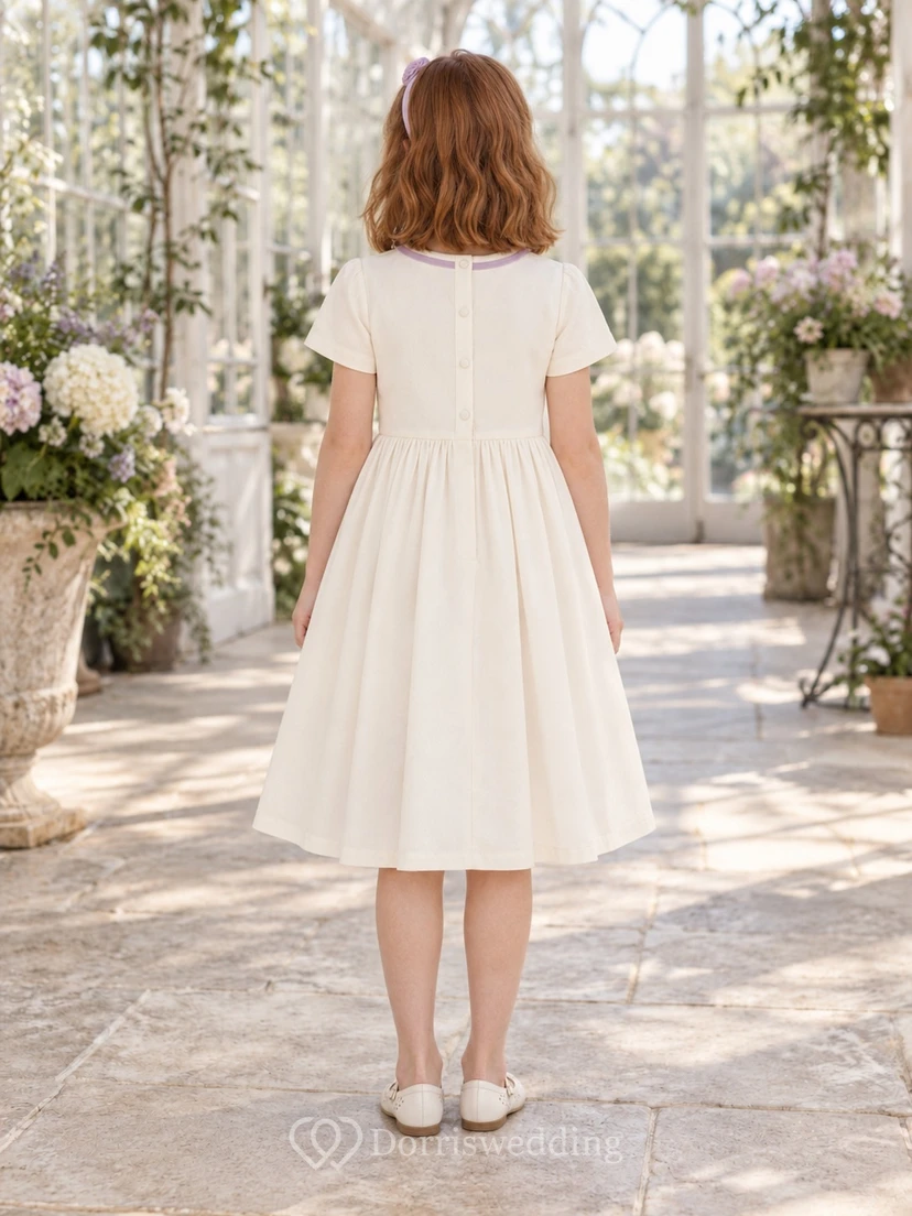 Simple Modest Cream Tea-length Thin Lavender Trim Compact Short Sleeve Flower Girl Dress view 2