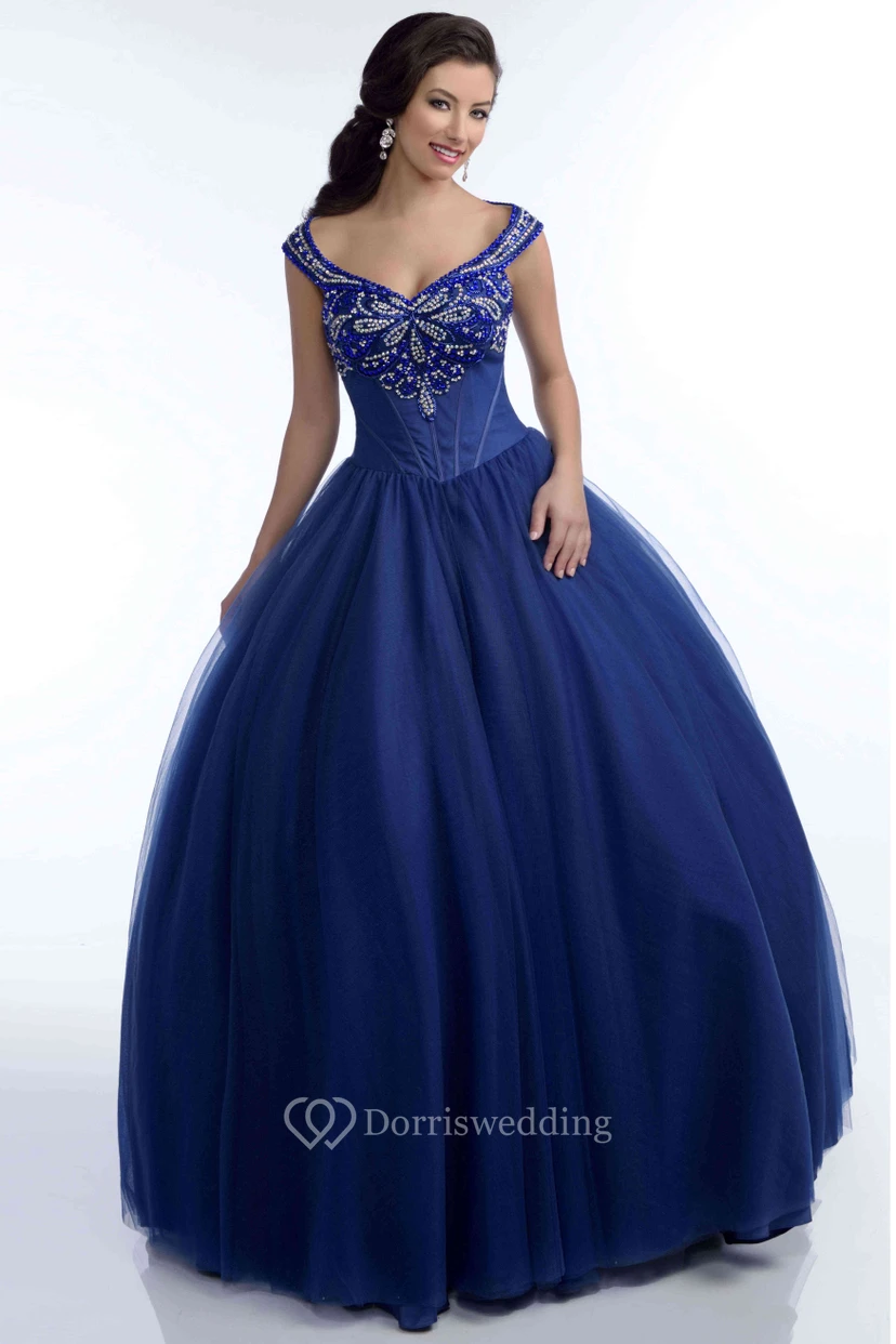 Tulle V-Neck Ball Gown With Crystal Detailed Top