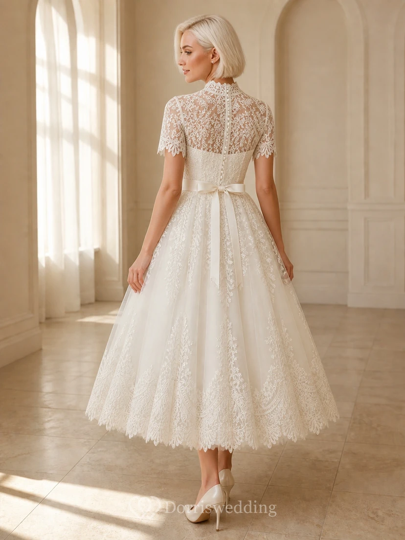 Elegantes Mutterkleid in Teelänge, A-Linie, Satin, Taille, kurze Ärmel, Spitze view 2
