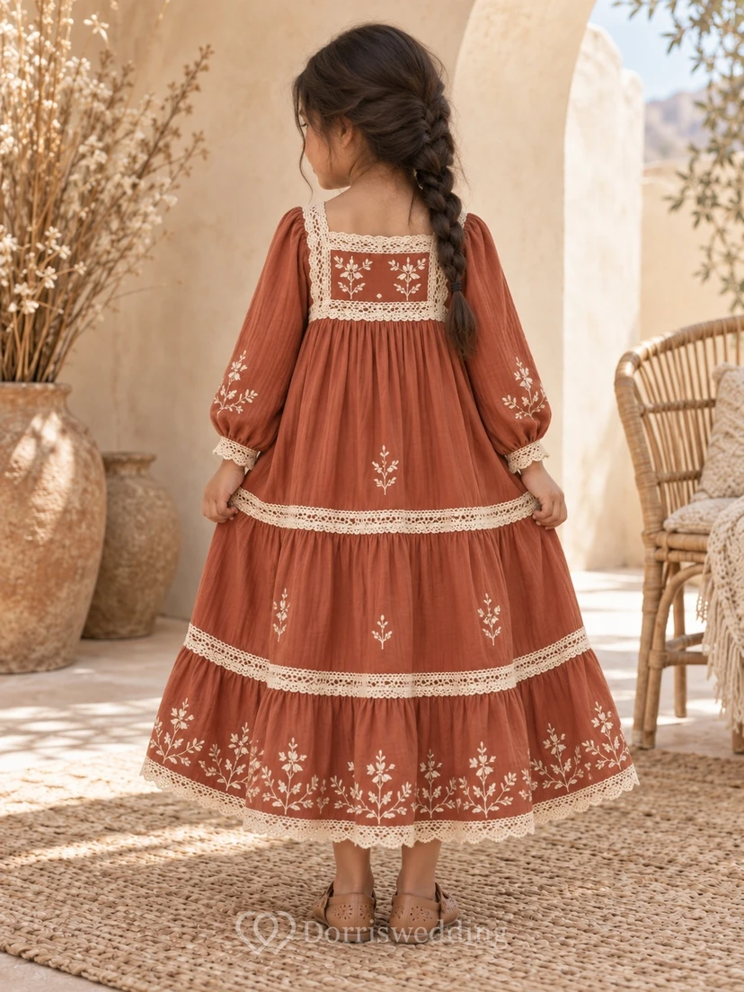 Boho-Blumenmädchenkleid in Teelänge, langärmelig, rostfarben, A-Linie, bestickt, mit Spitzenbesatz, gestuft view 2