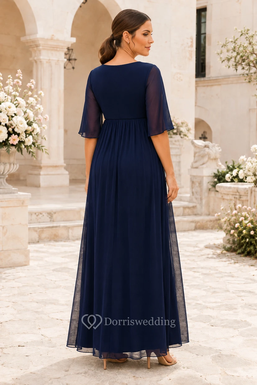 Dunkelblaues Umstandskleid aus Chiffon in A-Linie mit V-Ausschnitt view 2