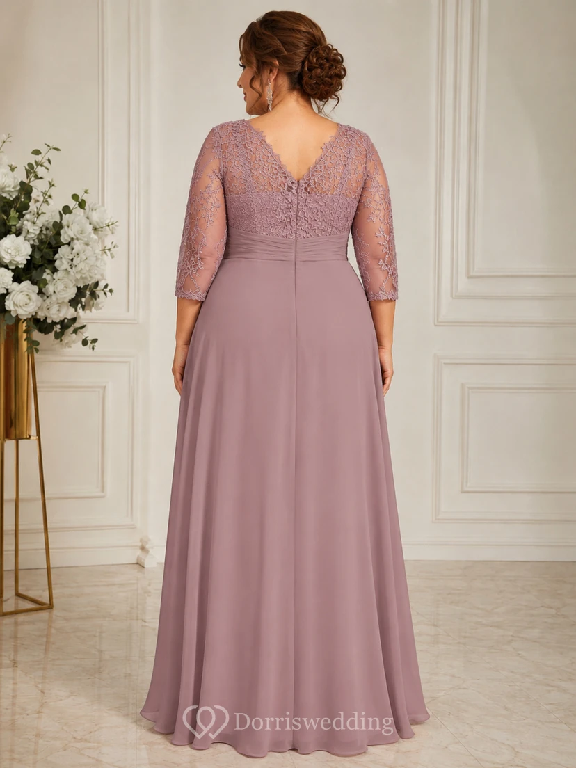 Plus Size A-Line V-Neck 3/4 Length Sleeve Chiffon Mother Dress with Lace view 2