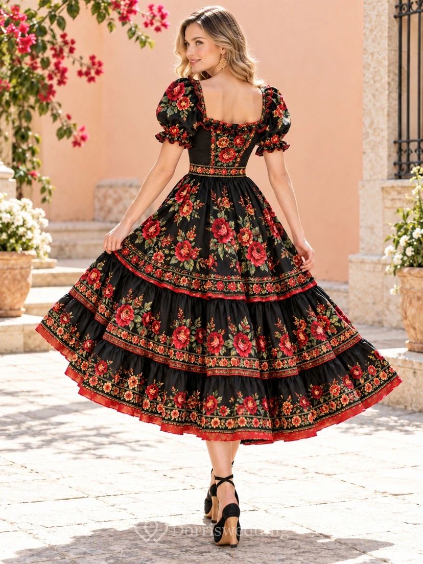 Black Square Neck Rose Embroidered Puff Sleeve Tiered Festival Dress view 2