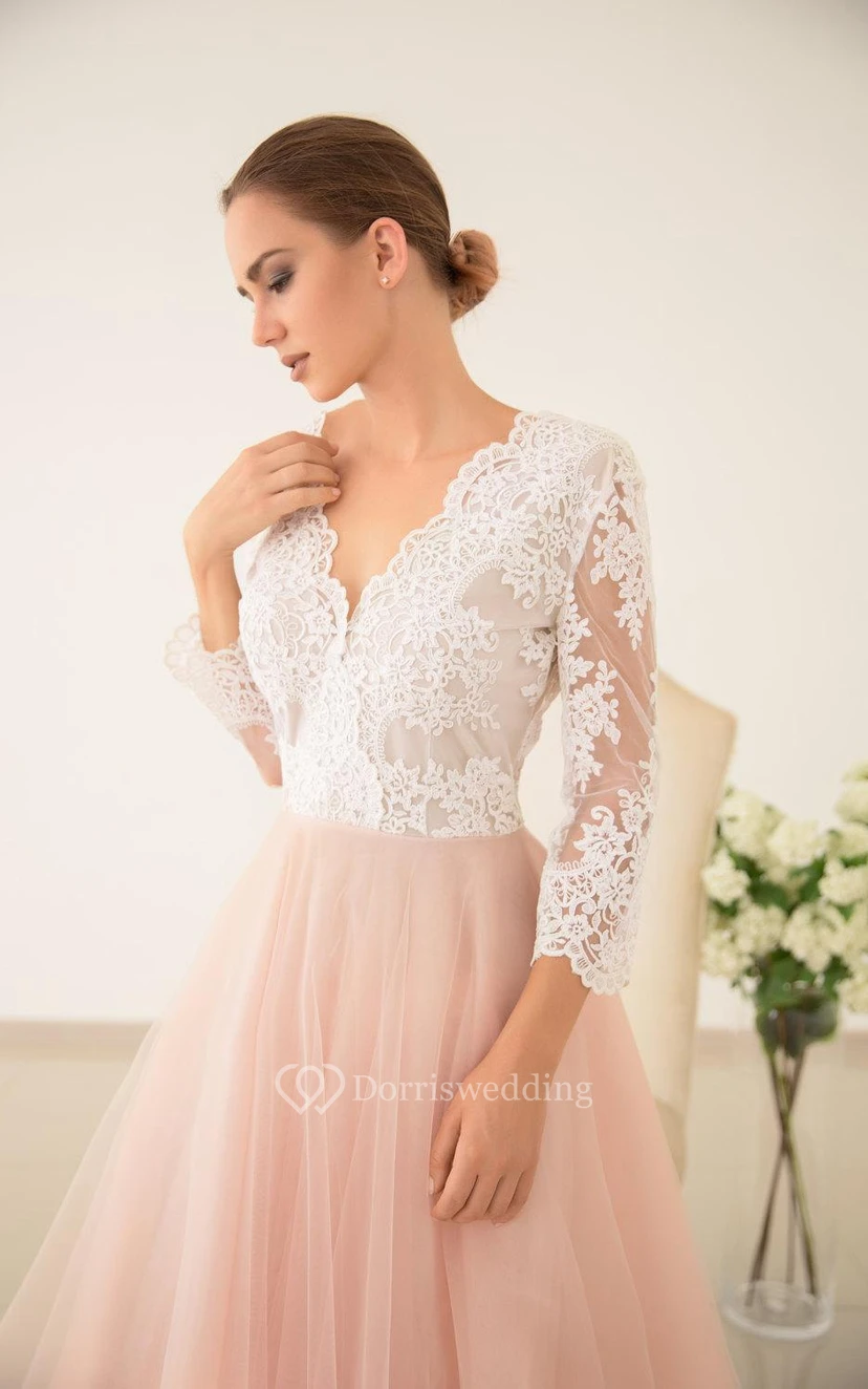 Robe de mariée en tulle rose, dentelle et tulle, robe de demoiselle d'honneur à manches longues view 2