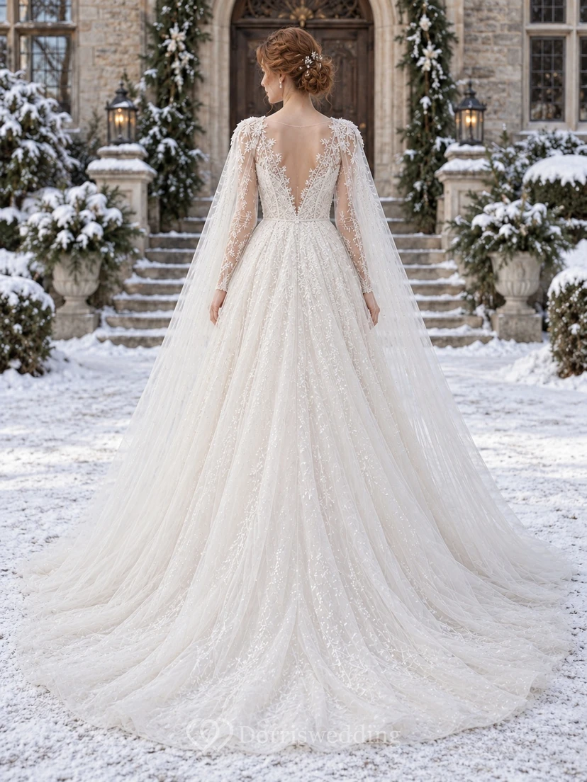 Vestido de novia de corte A con capa, escote en V y tul de manga larga view 2