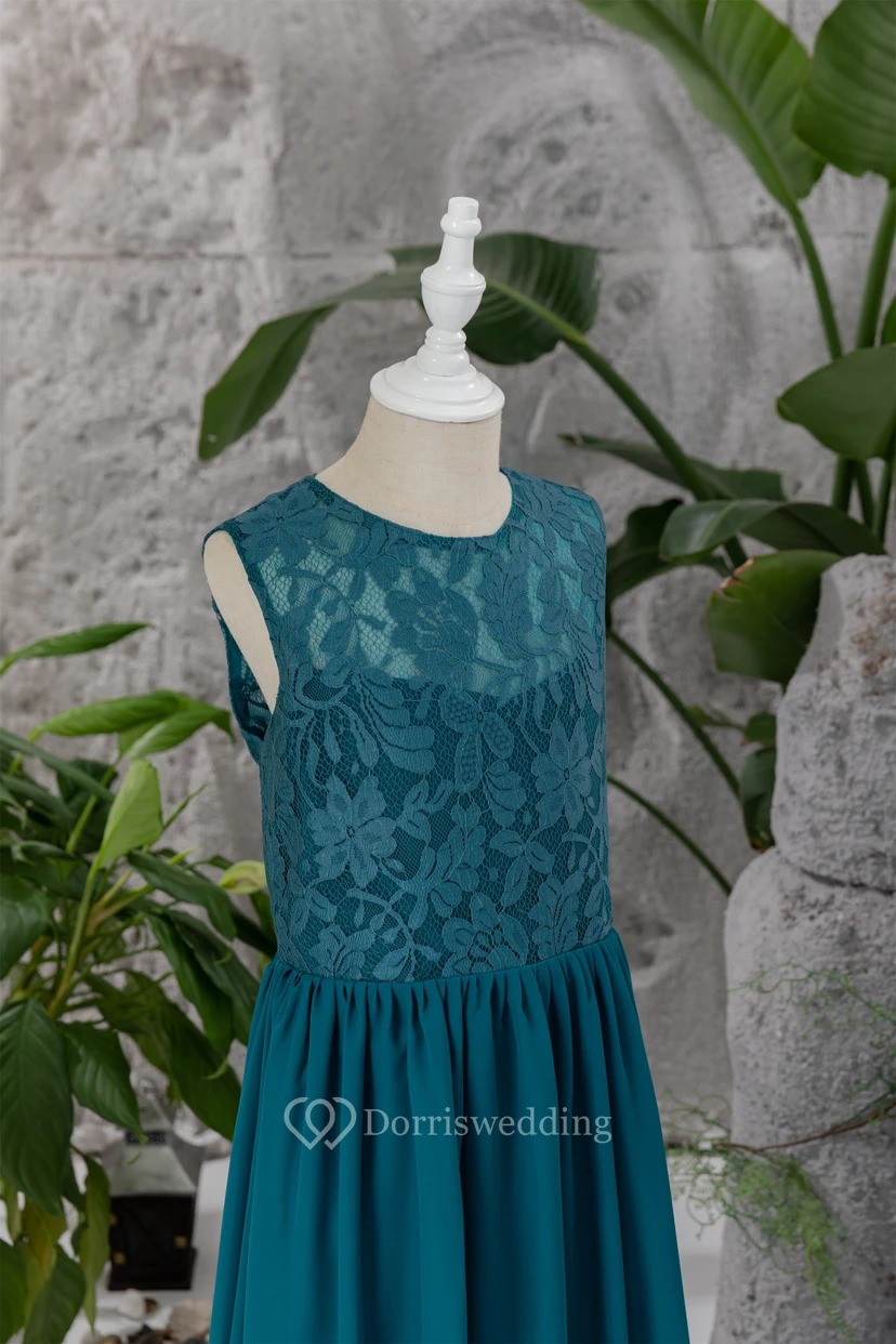 Scoop-neck Sleeveless Floor-length Ink Navy Flowergirl Dress with Lace Top view 7