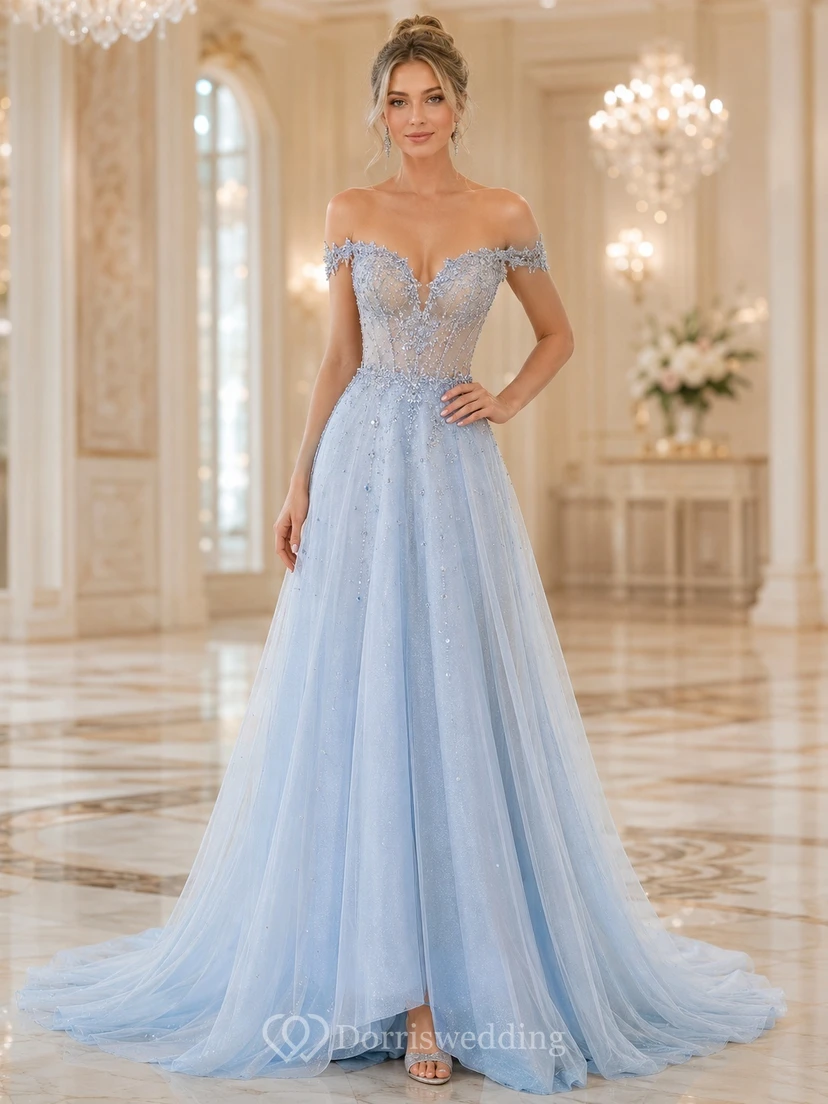 Sky Blue Off-Shoulder Beaded Tulle A-Line Sweep Prom Formal Gown