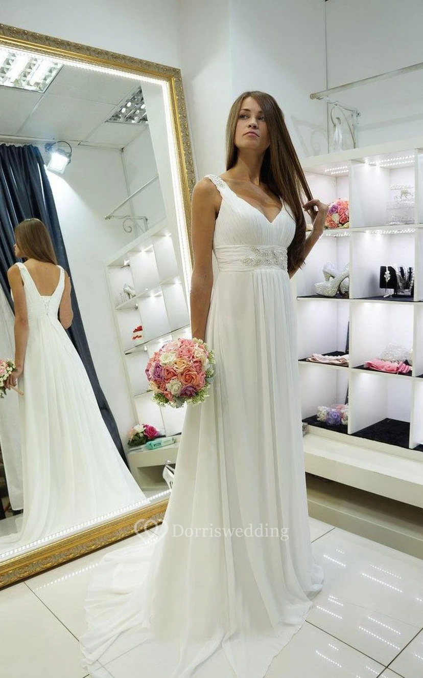 Empire-Chiffonkleid mit Trägern und V-Ausschnitt, ideal für Hochzeit, Eheversprechenserneuerung oder andere Anlässe view 2