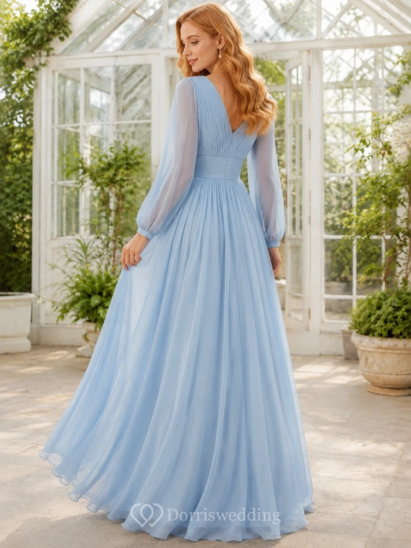 Elegant Sky Blue V-neck Long Sleeve Floor-length Chiffon Garden Dress view 2