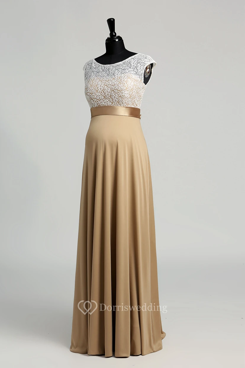 A-line Bateau Cap Short Sleeve Floor-length Jersey Lace Dress view 6