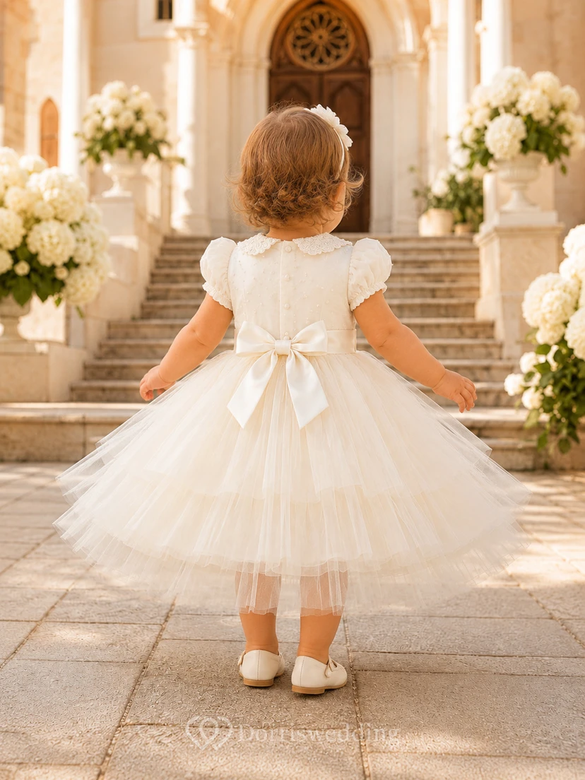 Lagen-Taufkleid aus Tüll, A-Linie, Puffärmel, Schleife in der Taille, romantisch, bezaubernd, elegant, mit Schmucksteinen besetzt view 2