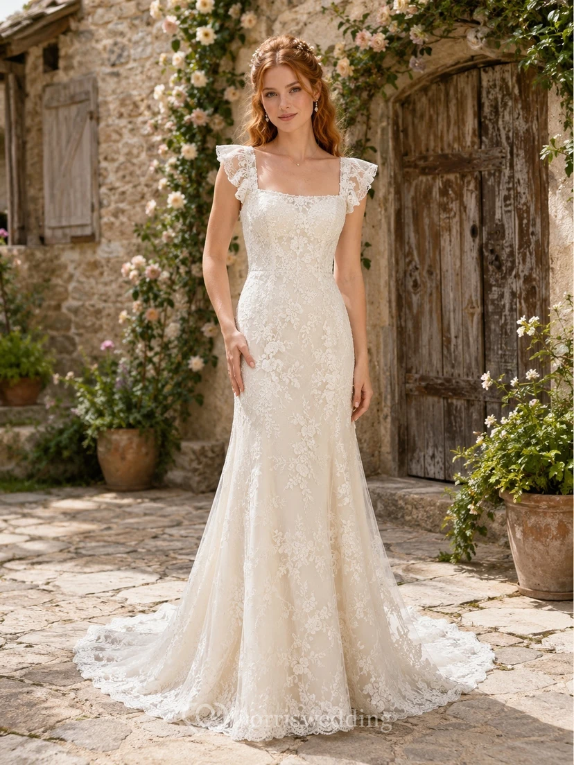 Boho Square-Neck Cap-Sleeve Lace Tulle Mermaid Floor-length Sweep Romantic Bridal Gown
