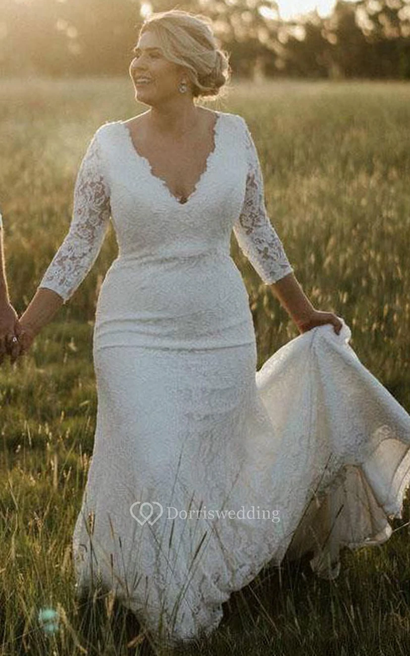 Robe de mariée sirène modeste, col en V, dentelle, longueur au sol, traîne courte, fermeture éclair view 2