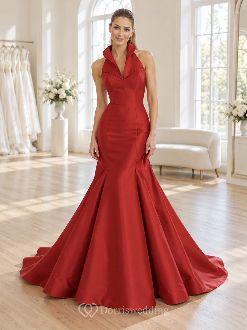Red Satin Wedding Halter-Neck Sleeveless Folded-Collar Floor-Length Trumpet Bridal Gown