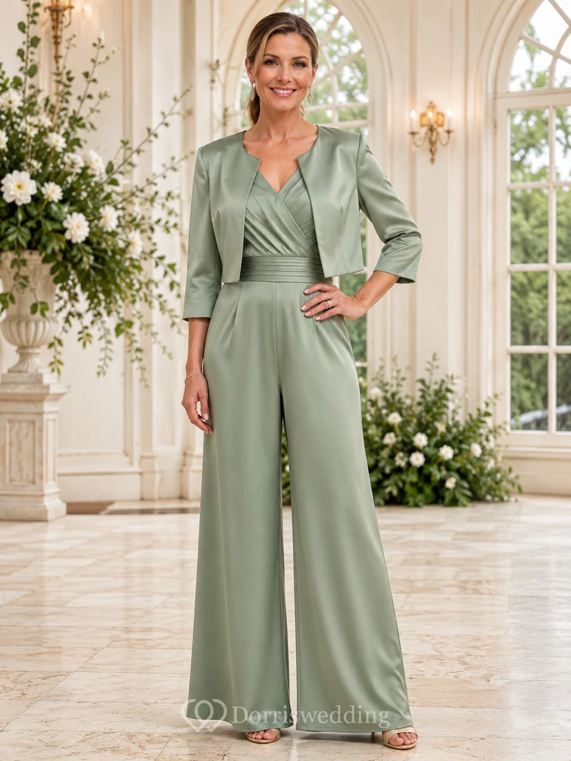 Sage Mother Pantsuit with Satin Wrap Top, Cropped Jacket and Wide Leg Pants