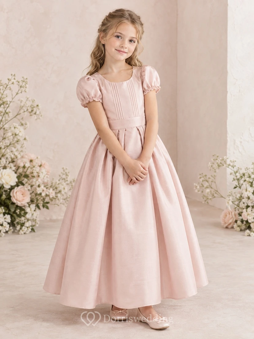 Simple Pearl-pink Ankle-length Scoop Puff-sleeve Ruffled-cuff Pintucked-bodice Banded Pleated Zipper-back Flower Girl Dress