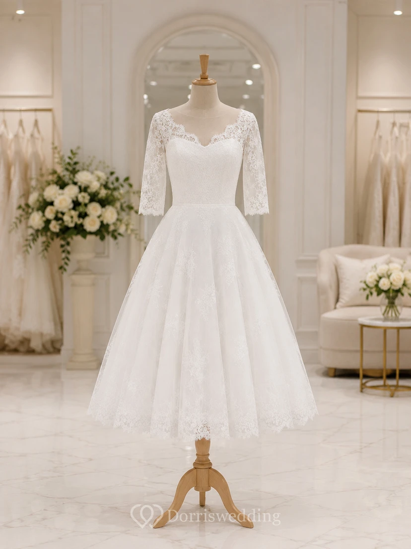 Vestido de novia de corte A con mangas de encaje y largo hasta la rodilla view 7