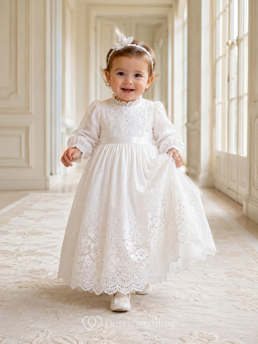 Regal Baby Baptism Christening Ceremony Gown A-Line Tea-Length Jewel Neck Puff Sleeve Tulle Lace Bow Back Button Back
