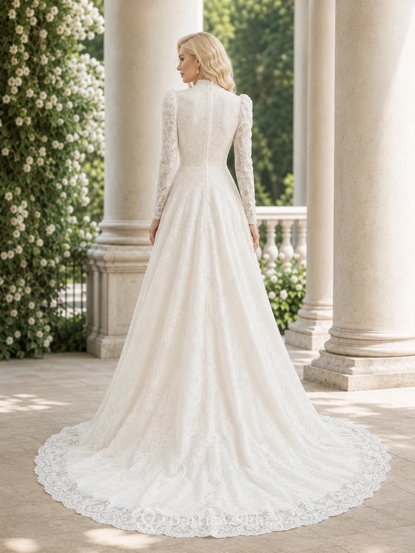 Modest High Neck Lace Wedding A Line Long Puff Sleeve Chapel Train view 2