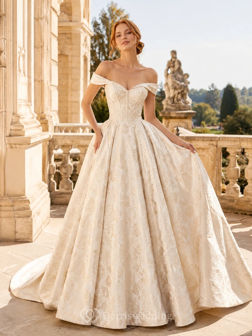 Robe de bal en satin et dentelle florale à épaules dénudées et manches courtes, robe de mariée de style chapelle