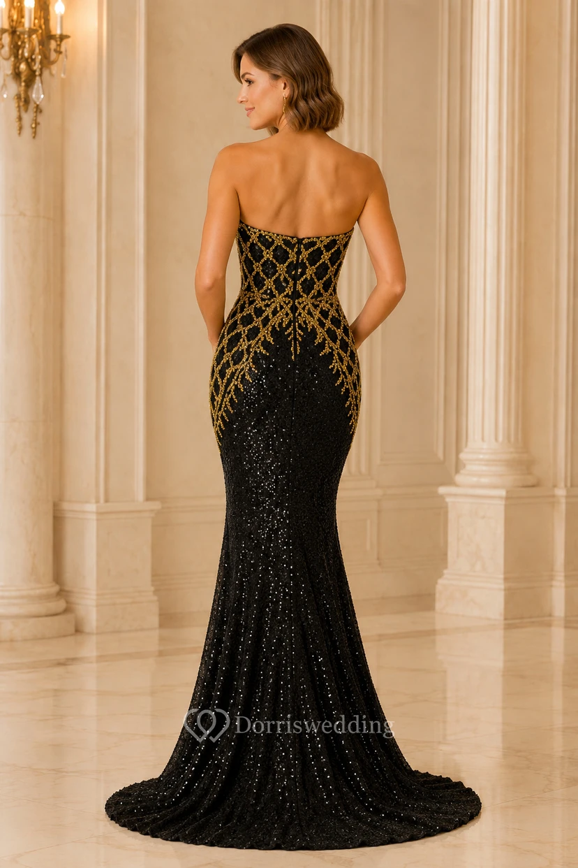 Schwarzes, goldfarbenes, trägerloses, geometrisches Meerjungfrauen-Abendkleid mit Perlenbesatz und herzförmigem Ausschnitt view 2