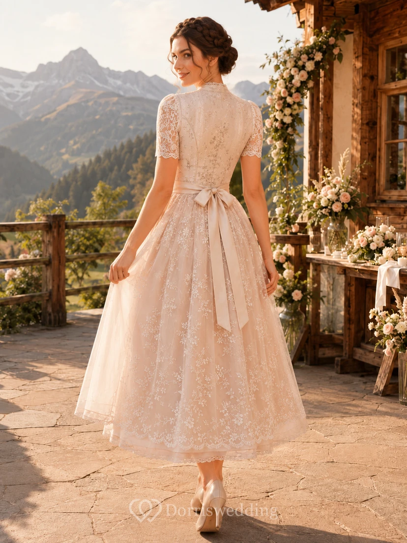 Blush Alpine Bridal Dirndl Square Neck Short Lace Sleeve Tea Wedding Dress view 2