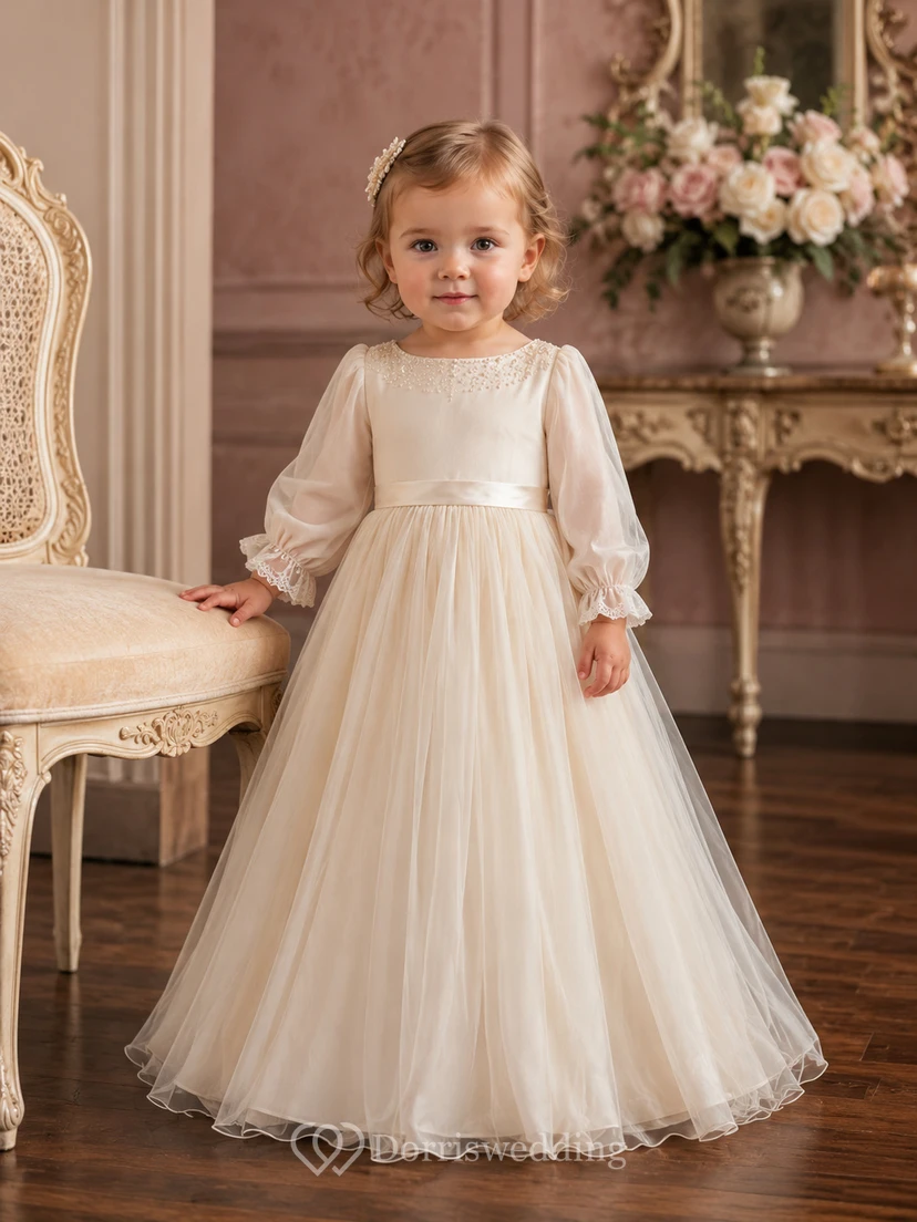 Vestido de bautizo de bebé color champán, delicado, con cuentas, corte en A y manga larga, elegante, romántico y adorable, de tul.