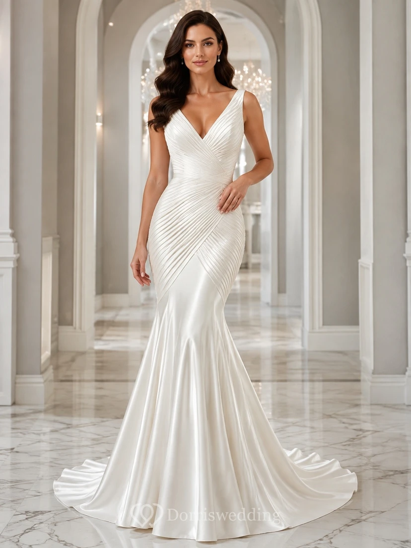 Simple Floor-length Sleeveless Bridal Ceremony Formal V-neck Mermaid/Trumpet Dress