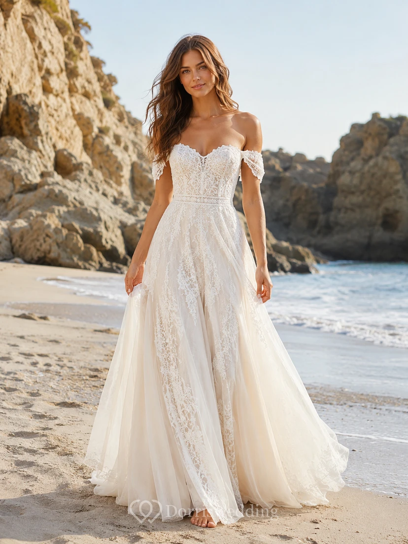 Romantisches, schulterfreies Brautkleid im A-Linien-Schnitt mit Spitze für den Strand – perfekt für die Küste.