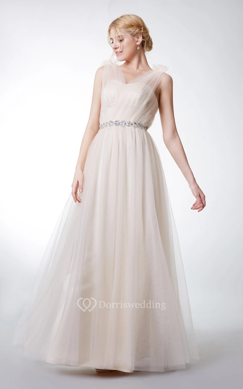 Sleeveless V Neck Pleated Long Tulle Dress With Applique Belt view 4