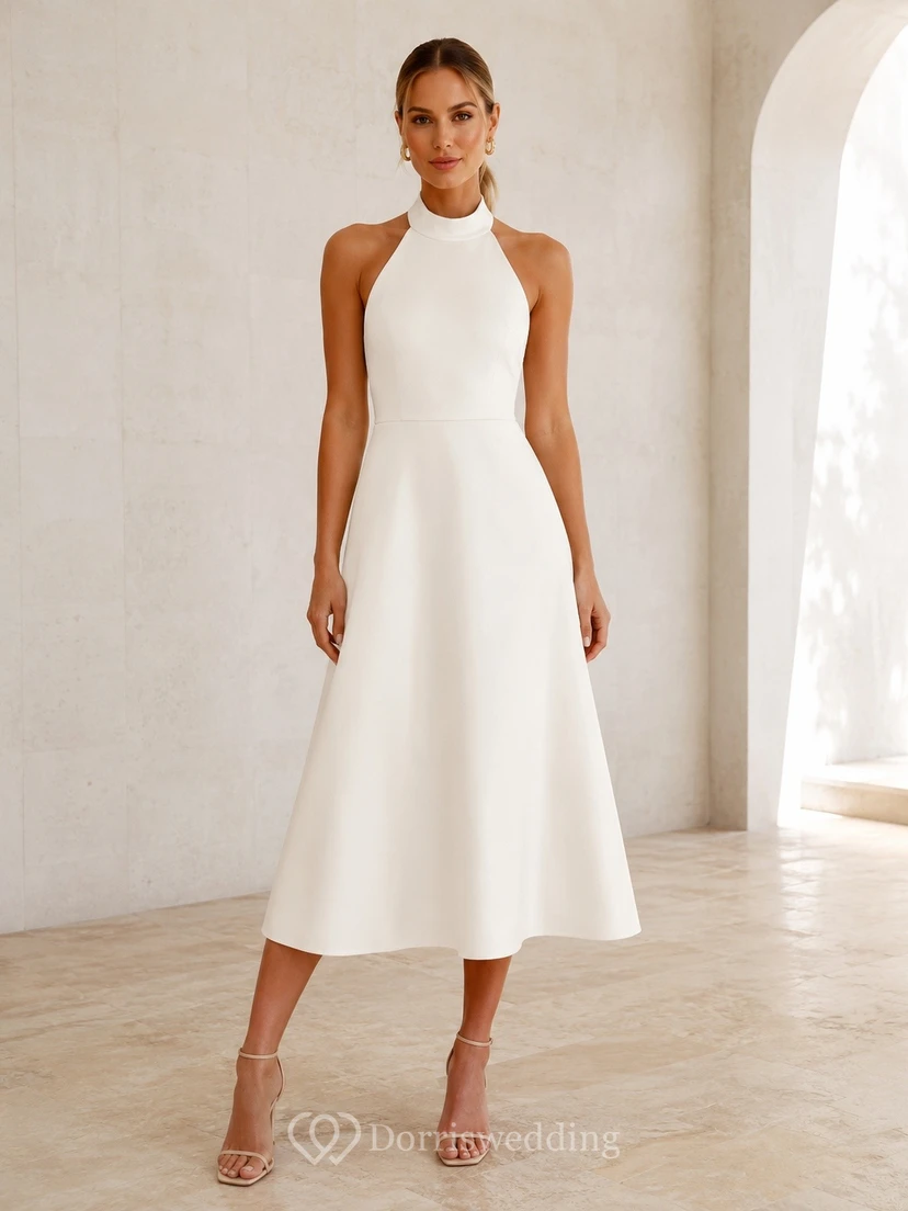 Halter Neck Sleeveless Satin A-Line Tea-Length Wedding Dress