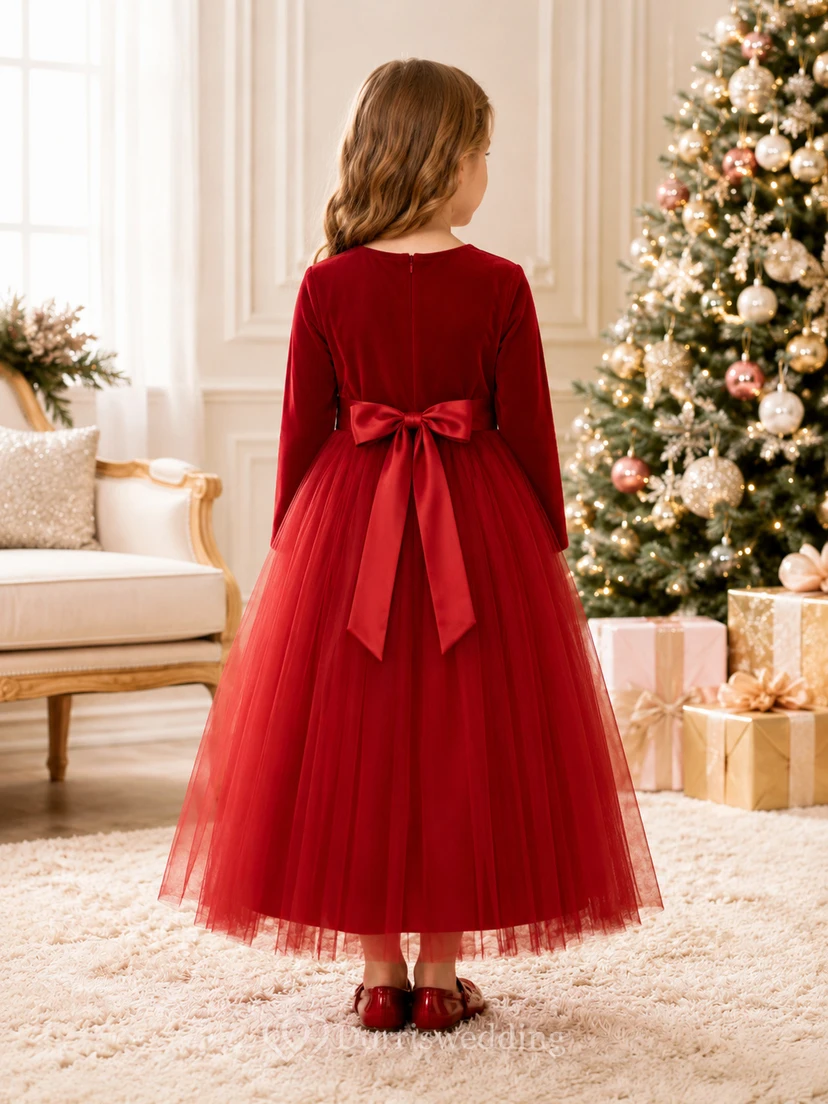 Red Velvet Long Sleeve Tulle Tea-Length A-Line Bow Winter Flower Girl Dress view 2