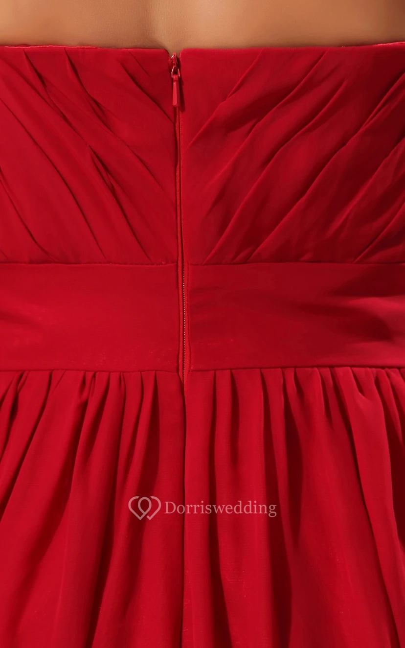 Knee-Length Chiffon Dress With Pleating and Floral Strap view 5