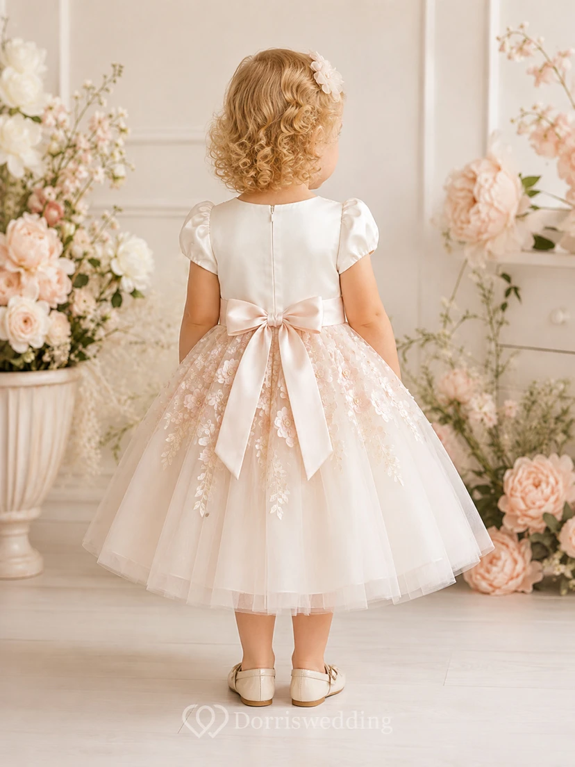 Blush Ivory Flower Girl Dress Tea-Length A-Line Satin Puff Sleeve Floral Applique Tulle Bow view 2