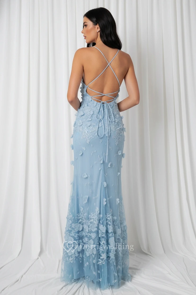 Vestido de fiesta sexy de encaje azul view 2