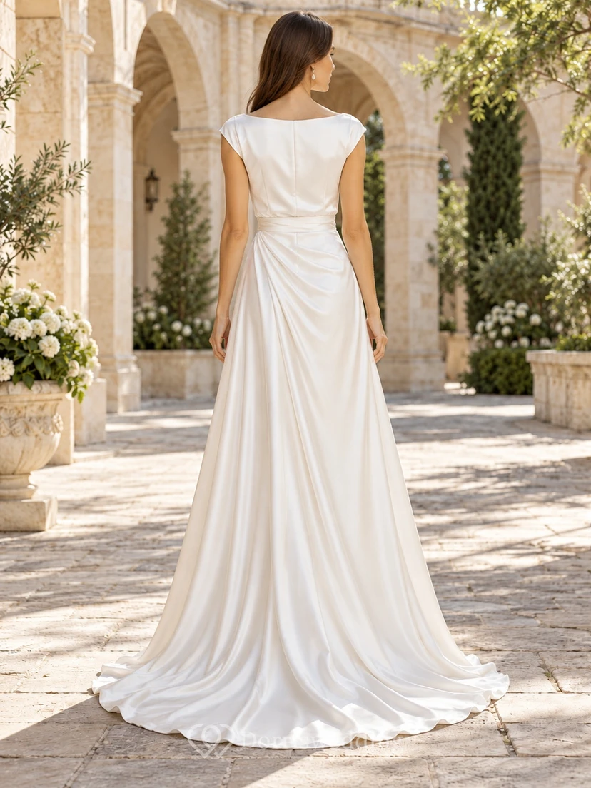 Simple Bateau Cap Sleeve Draped Satin A-line Bridal Wedding Dress view 2