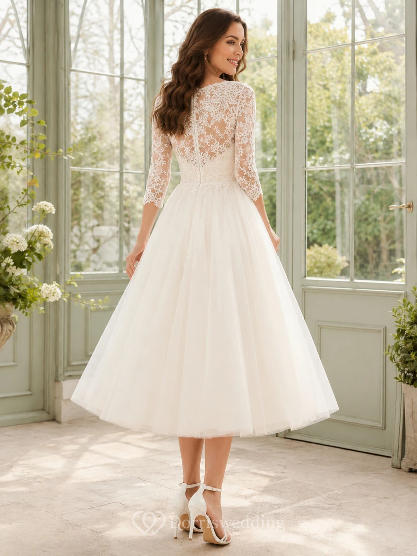 Romantic Deep V Three Quarter Lace Sleeve Tulle A Line Courthouse Wedding Dress view 2