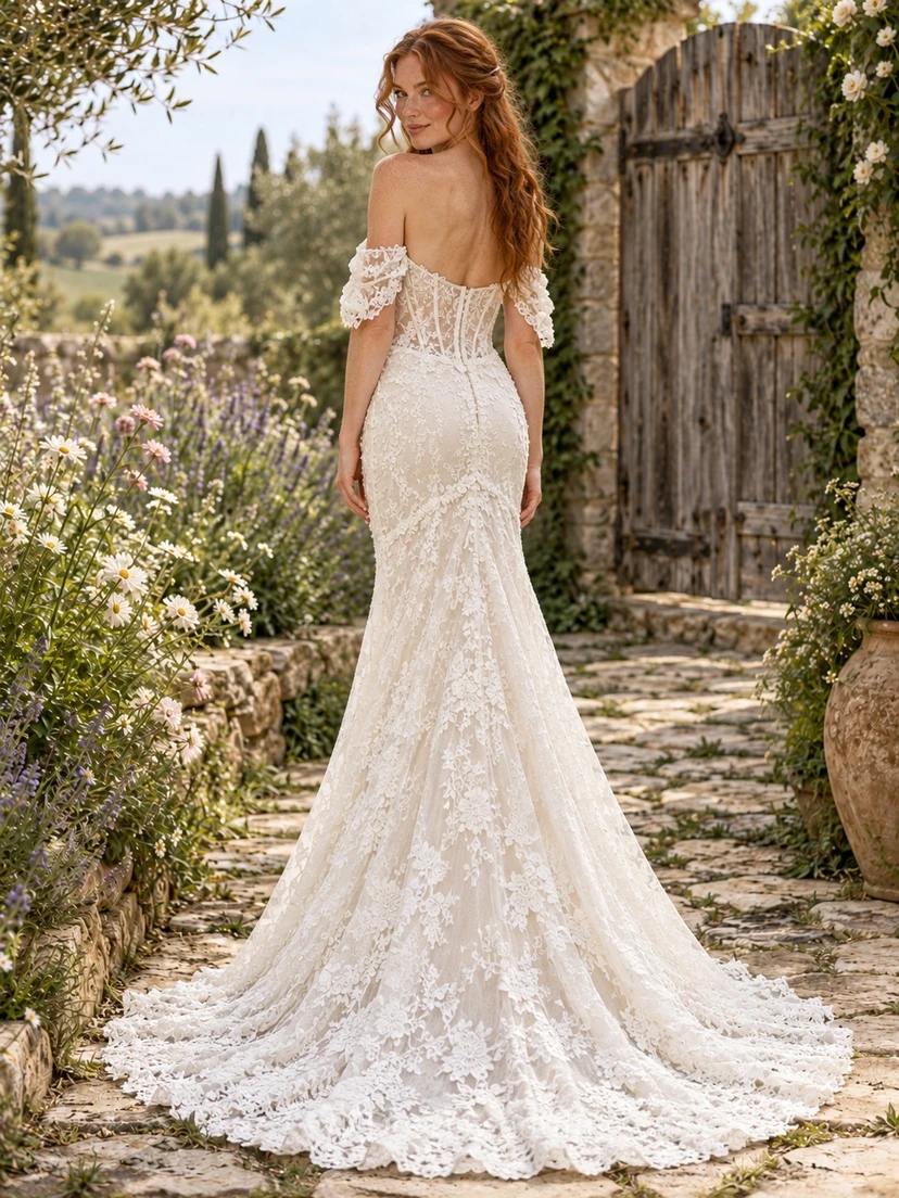 Boho Mermaid Off Shoulder Sweetheart Floral Lace Wedding Dress view 2