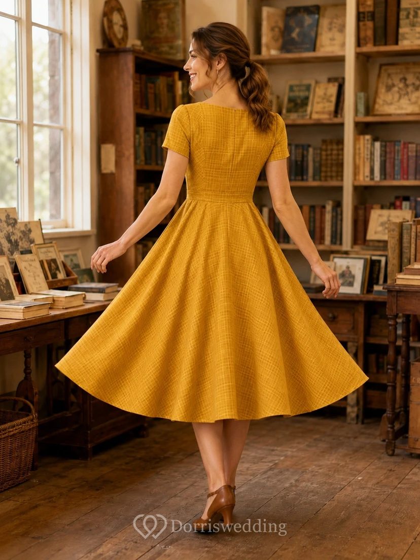 Robe midi trapèze vintage dorée à col bijou et manches courtes view 2