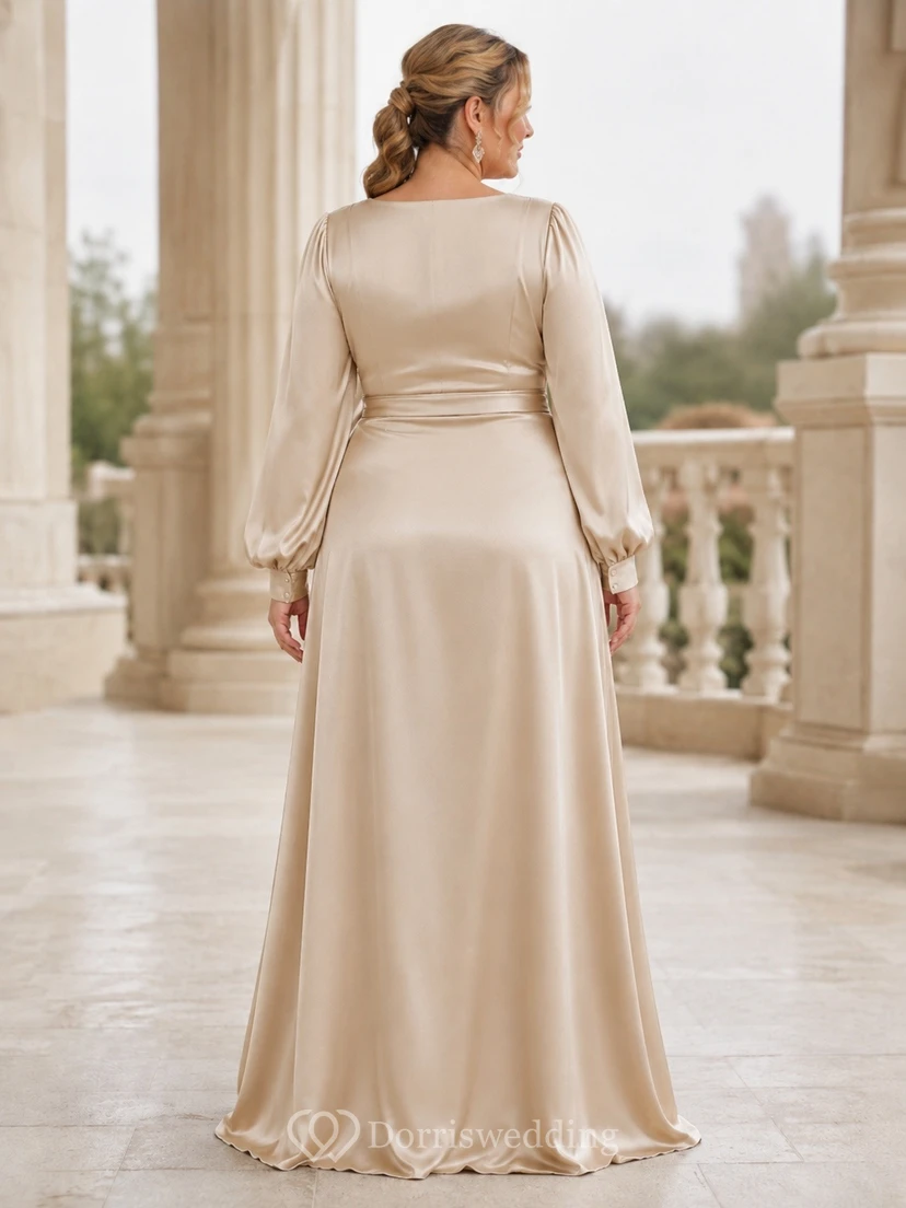 Elegant Plus Size Cowl Neck Long Sleeve Floor-length Satin Sheath Formal Dress view 2