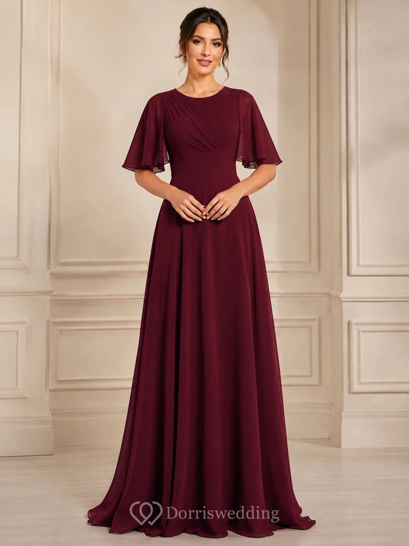 Vestido de noche de corte A de gasa color burdeos discreto con mangas acampanadas