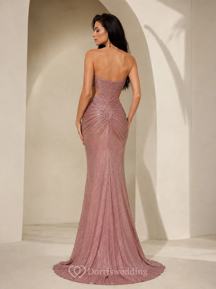 Dusty Rose Sexy Luxury Cowl Sleeveless Sequins Front-Slit Mermaid Floor-Length Evening Dress view 2