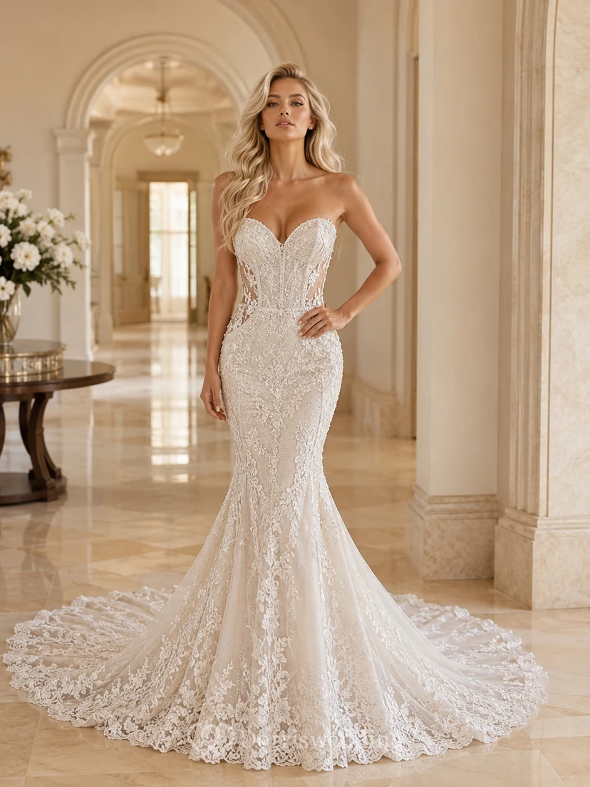 Robe de mariée sirène bustier en dentelle sans couture avec traîne cathédrale et applications florales pour la réception