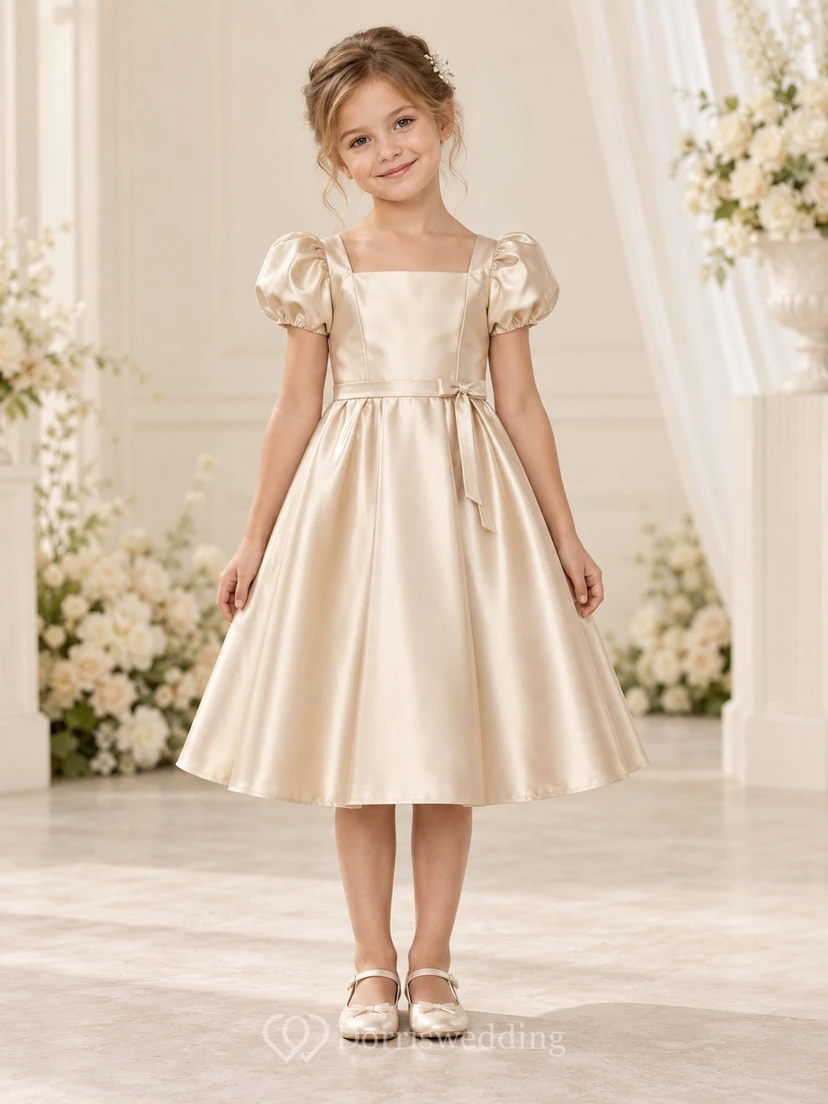 Knee-length Square-Neck Simple Champagne A-line Satin Puff-sleeve Side-tie Flower Girl Dress