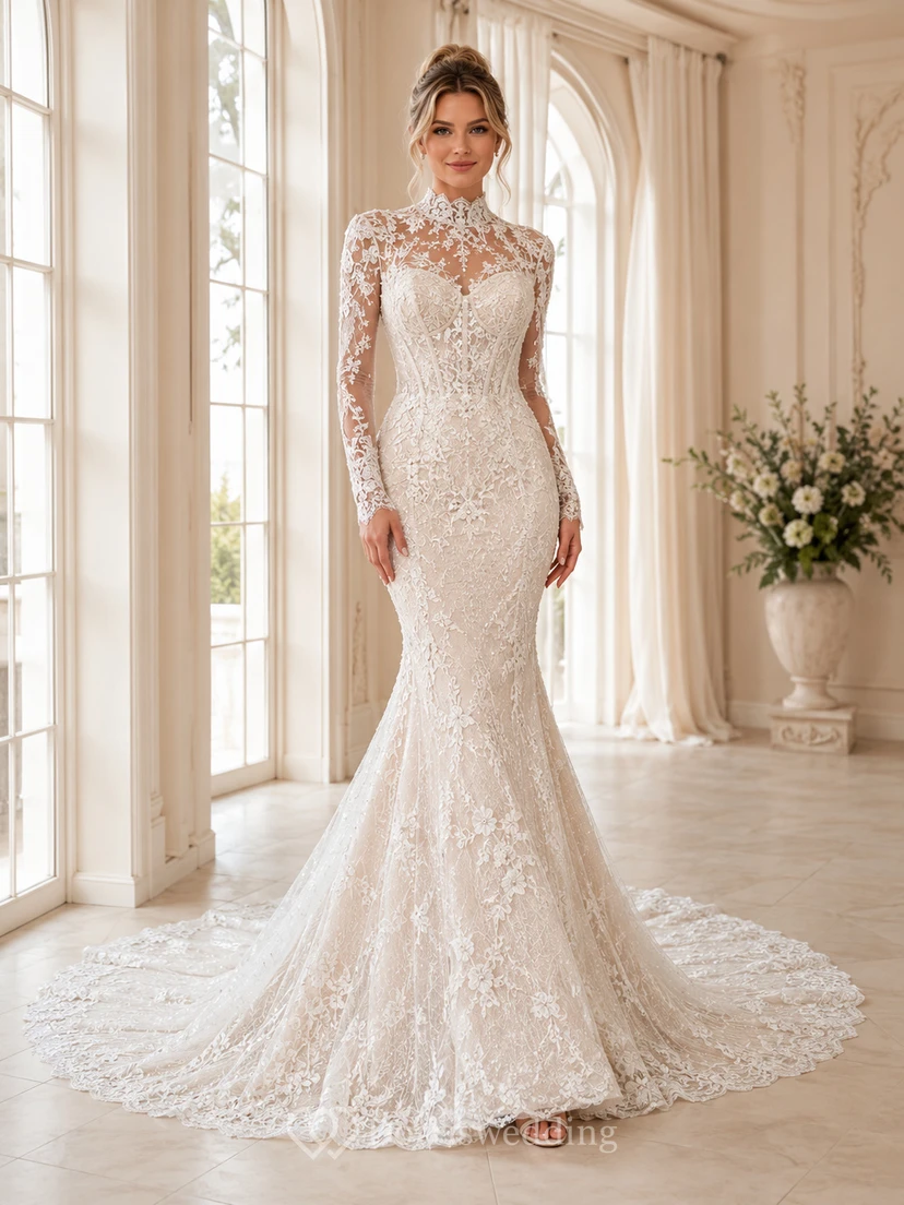 Robe de mariée sirène en dentelle florale à col montant et manches longues, avec traîne chapelle et col chapelle.