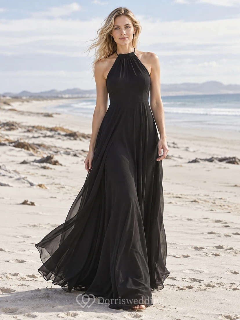 Schlichtes schwarzes Neckholder-Brautkleid mit hohem Kragen und fließender A-Linie