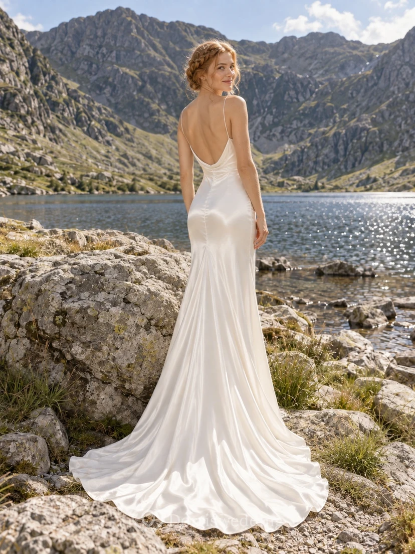 Vestido de novia romántico y sencillo de satén, estilo sirena, con escote drapeado, sin mangas, cola larga y espalda escotada. view 2