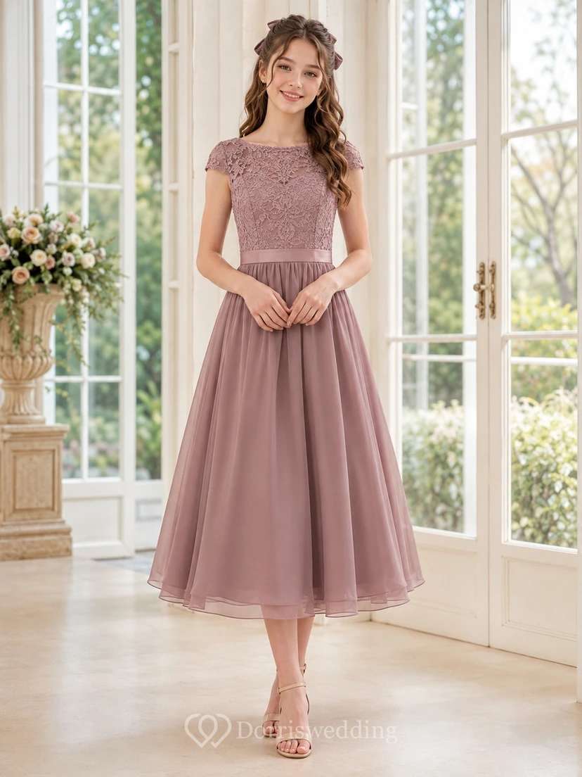 Vintage mauvefarbenes, kurzes Chiffon-Brautjungfernkleid mit Spitze, Strasssteinen und kurzen Ärmeln in A-Linie und Teelänge
