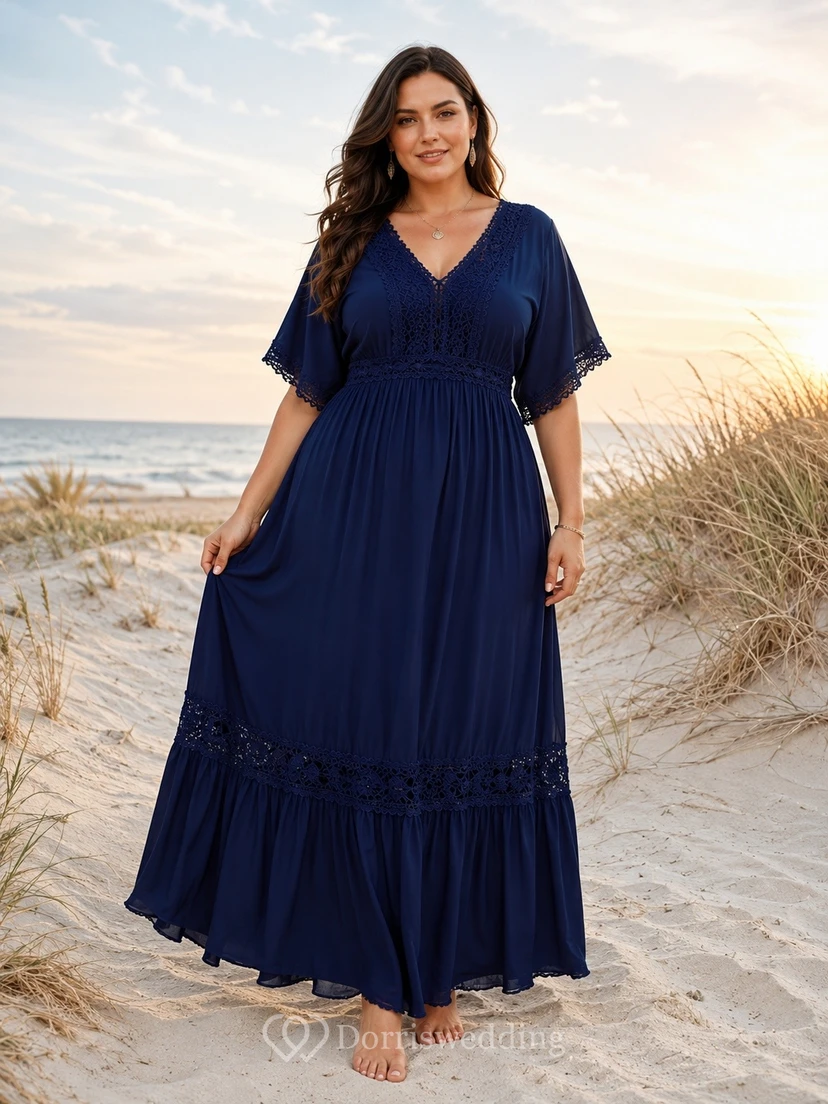 Vestido de talla grande de gasa azul marino oscuro con escote en V, mangas tres cuartos y volantes, color azul marino oscuro
